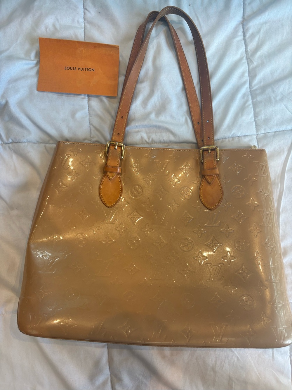 Louis Vuitton Patent Monogram Shoulder Bag in Nude Beige with Tan Straps